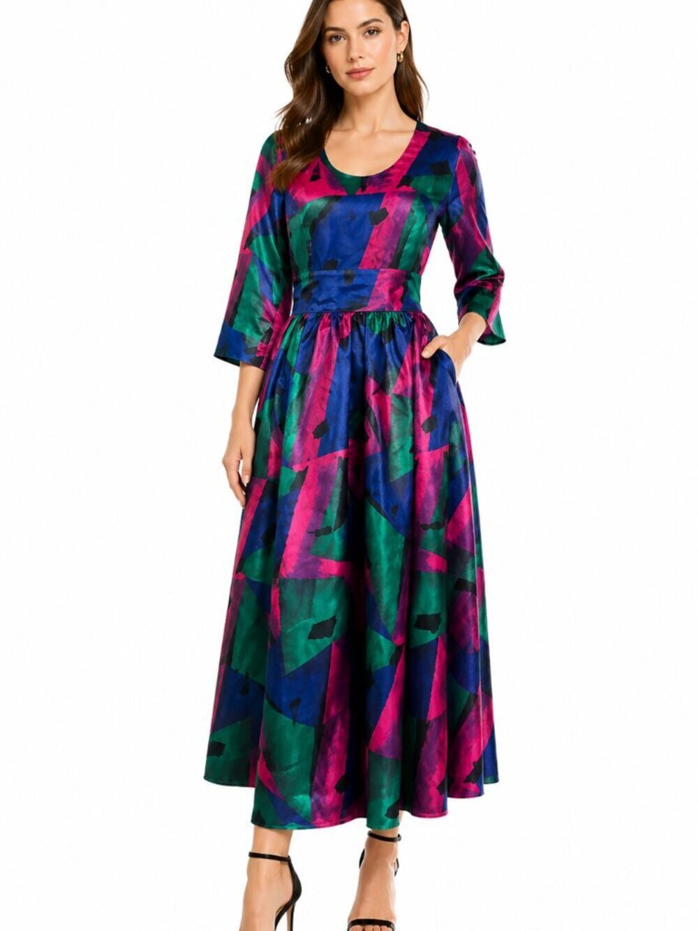 Eien A-Line Midi Dress Size Small Geometric Blue Pink Artsy Vintage Inspired